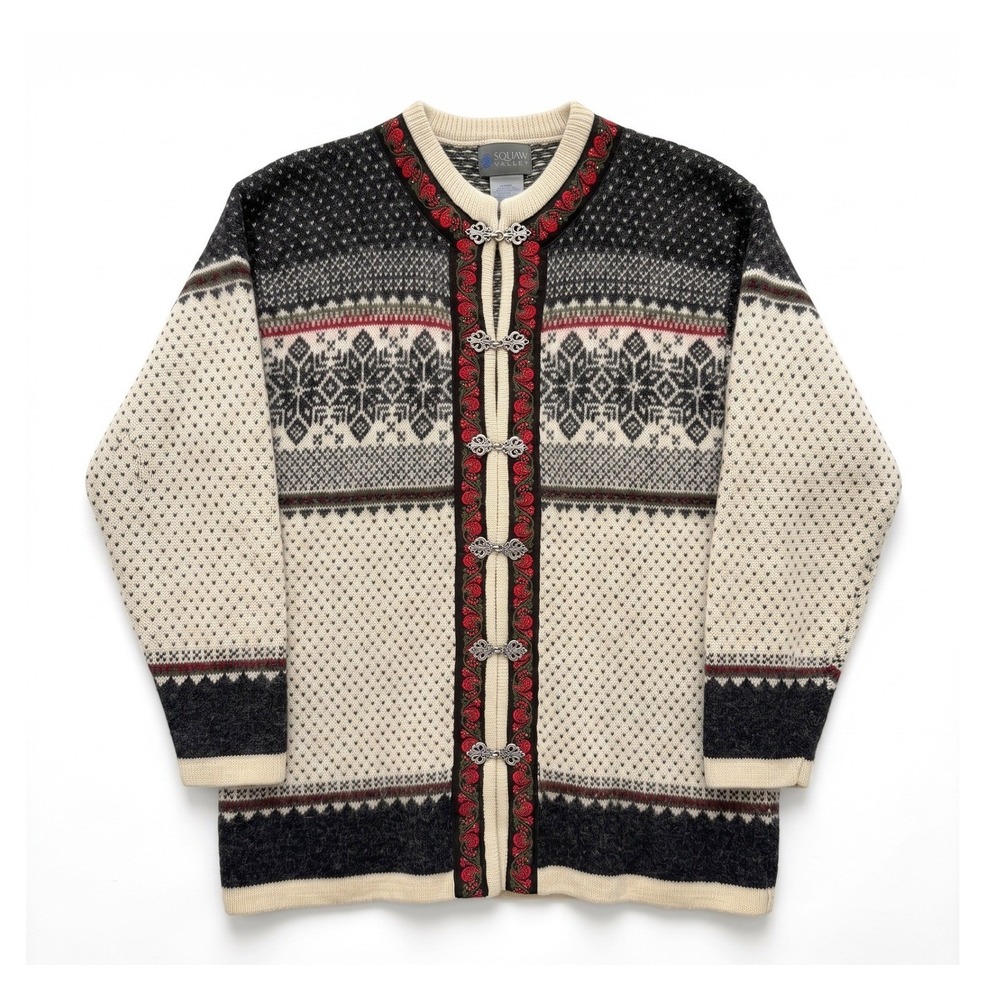 Squaw Valley Women XL 100% Wool Nordic Fair Isle Cardigan Metal Clasp Sweater